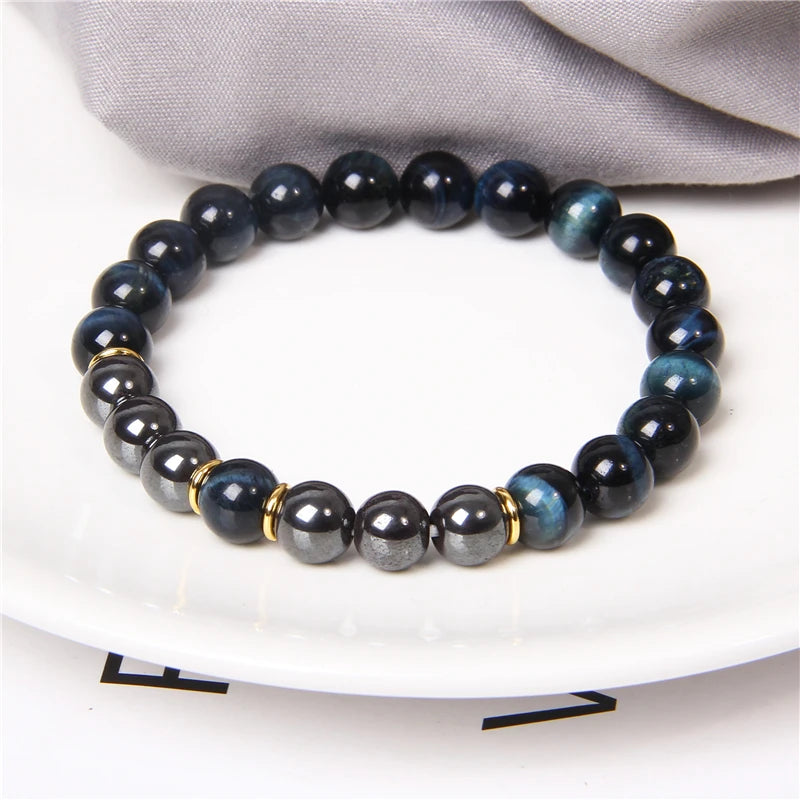 Natural Polished Blue Tiger Eye Stone Bracelets For Women Men Fashion Classic Elastic Hematite Bracelets Femme Bangle  Jewelry