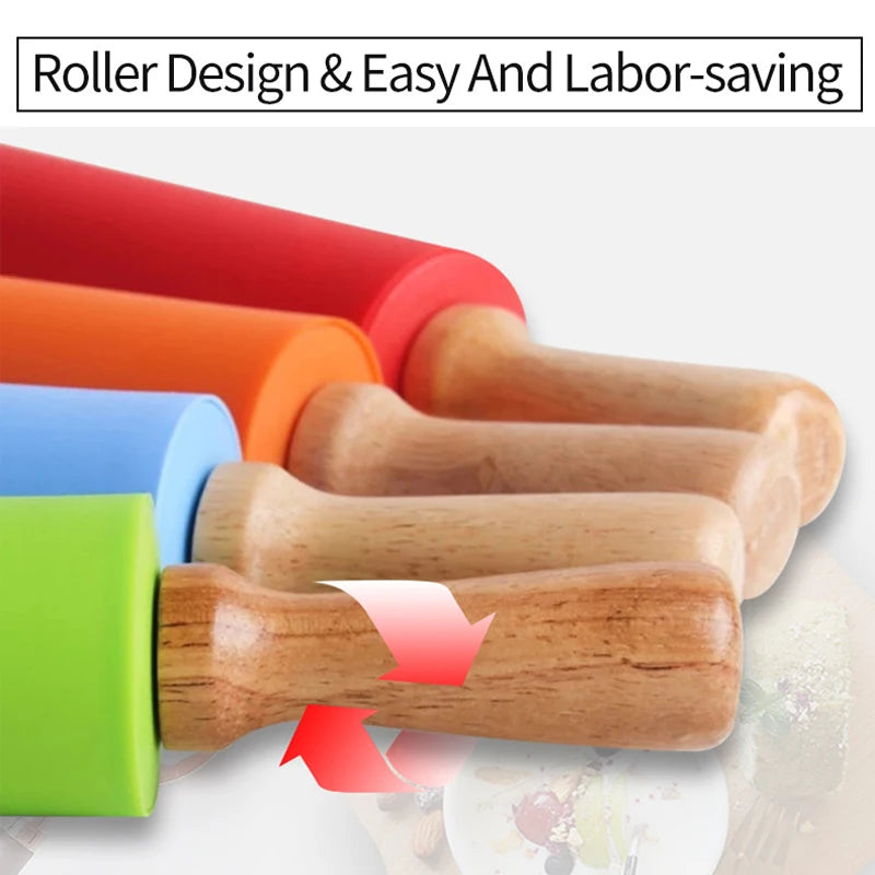 Tejesa Non-Stick Silicone Rolling Pin/ Wooden Handle Pastry Dough Flour Roller Kitchen Cooking Baking Pin
