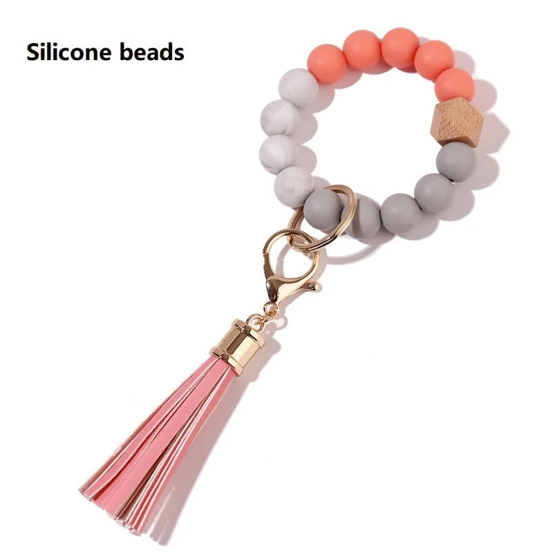 Silicone Keychain For Keys Tassel Wood Beads Bracelet Keyring For Women Multicolor Beads Keychain Fashion Keychain Wholesale