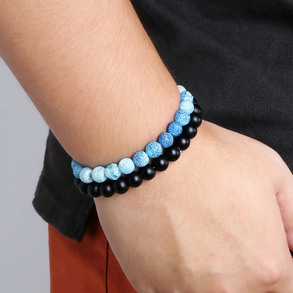 Heamsa 2pcs Men Beads Bracelet Natural Crack Weathered Stone Black Onyx Bangles Stretch Couple Distance Bracelets Yoga Wrist Jewelry