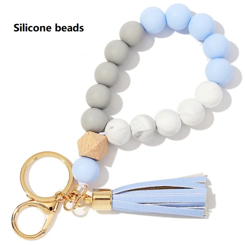 Silicone Keychain with Safe Card Picker Rainbow Color Silicone Beads Women Keyrings Barcelet Fashion Keychains For Keys Bag Car