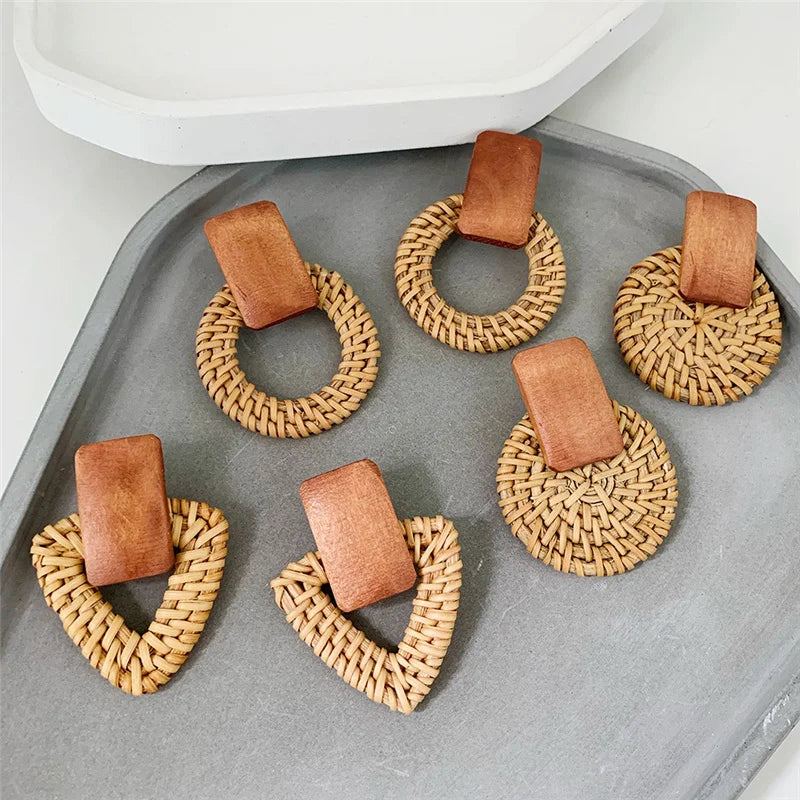 New Fashion Bamboo Wooden Straw Weave Rattan Knit Vine geometric round triangle long earrings bohemian For Women party jewelry