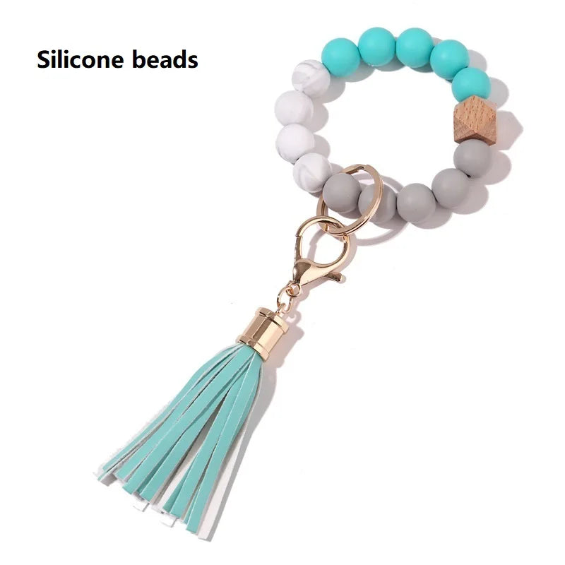 Silicone Keychain For Keys Tassel Wood Beads Bracelet Keyring For Women Multicolor Beads Keychain Fashion Keychain Wholesale