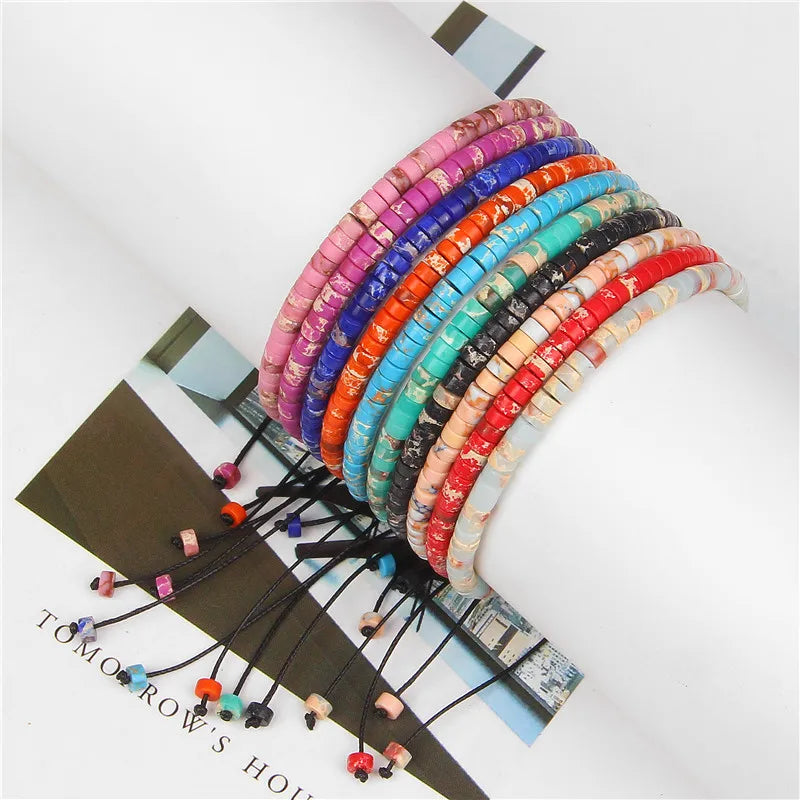 Tejesa  Natural Blue Emperor Stone Beads Woven Bracelet Polished Flat Shape Adjustable Rope Lady's Gift Beaded Bracelet