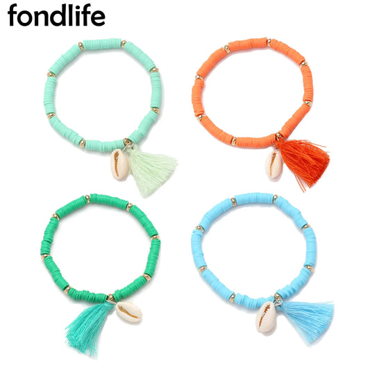 Boho Multicolor Polymer Clay Heishi Beads Cowrie Seashell Cotton Tassels Stretch Bracelet Women Lady Summer Shell Jewelry Gift