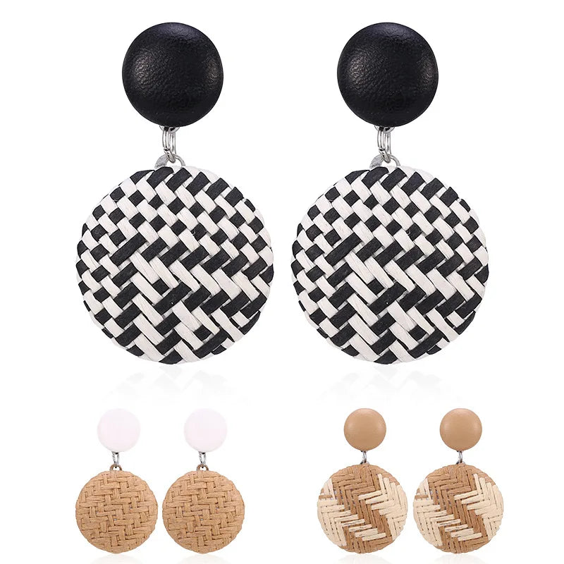 Hemasa 3pairs grass weave vintage ethnic round earrings / bohemian wooden rattan mesh pendant earrings female gift handmade jewelry