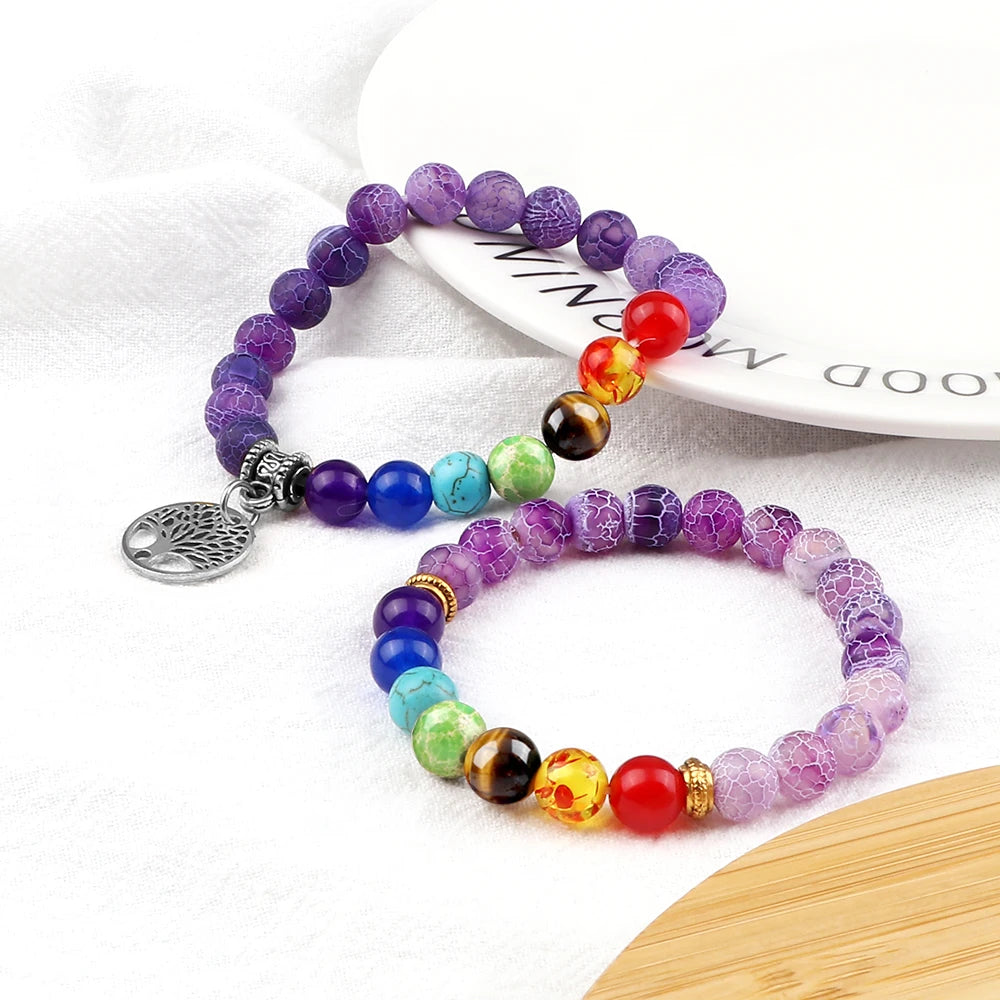 Heamsa 2pcs/set Hot 7 Chakra Beads Bracelets Tree of Life Natural Tiger Eye Stone Black Lava Onyx Balance Bracelet Yoga Bangles Jewelry