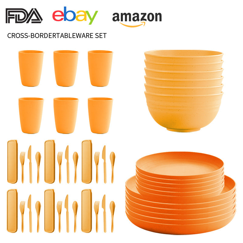 Cross-border Amazon Wheat Straw Tableware suit Black Plate Bowl Cup Knife and Fork Spoon Portable Tableware Bowl Plate suit