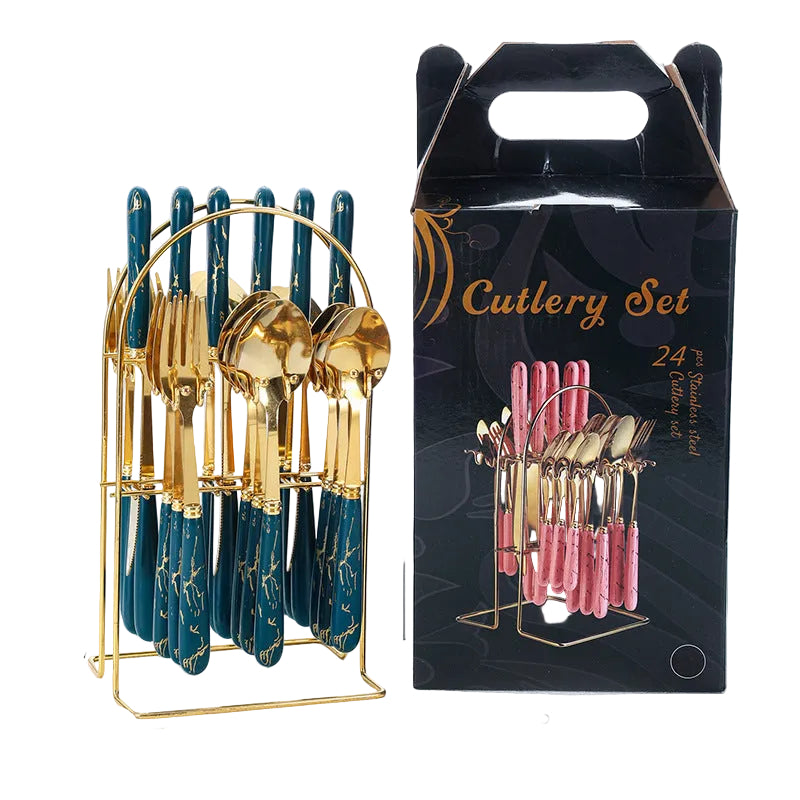 Stainless Steel Tableware Set Dark Green 24-piece Gift Box Steak Knife Hotel Western Food Spoon