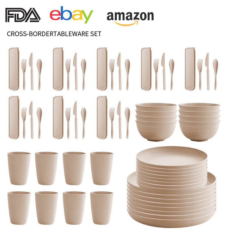 Cross-border Amazon Wheat Straw Tableware suit Black Plate Bowl Cup Knife and Fork Spoon Portable Tableware Bowl Plate suit