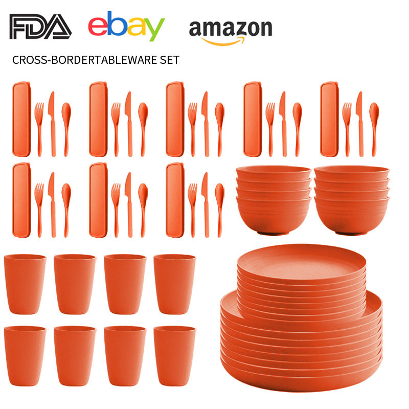 Cross-border Amazon Wheat Straw Tableware suit Black Plate Bowl Cup Knife and Fork Spoon Portable Tableware Bowl Plate suit