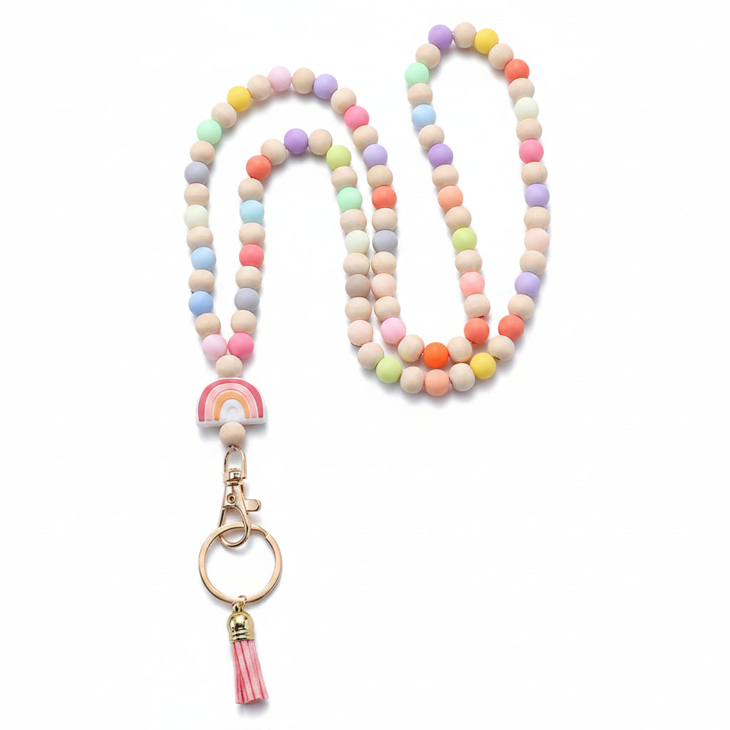 wooden beads handmade keychain rainbow tassel pendant key ring   necklace  card lanyard pendant
