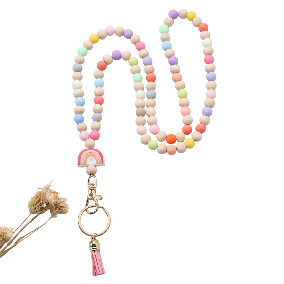 wooden beads handmade keychain rainbow tassel pendant key ring   necklace  card lanyard pendant