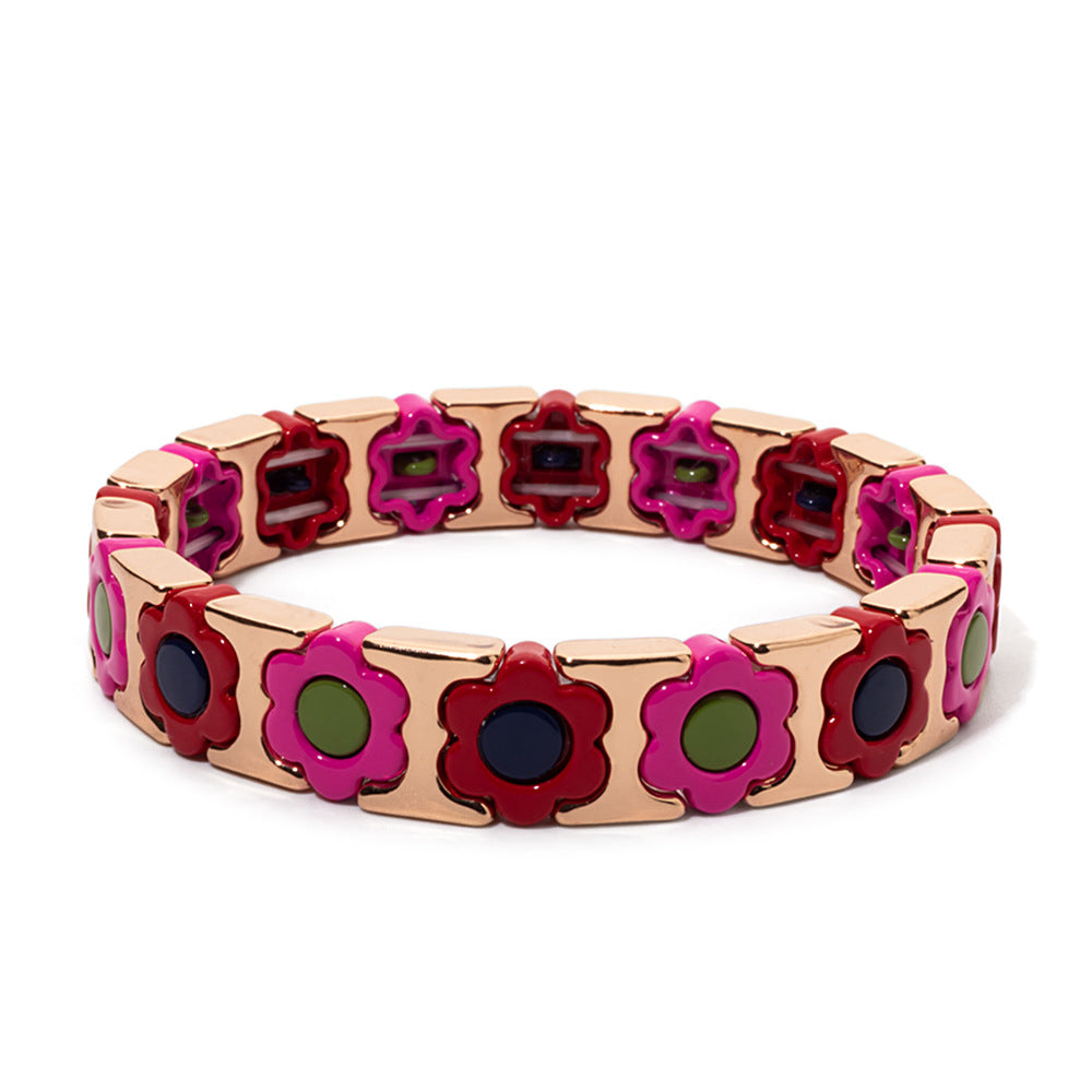 European and American enamel adjustable elastic bracelet for women, summer niche high-end enamel floral bracelet vintage