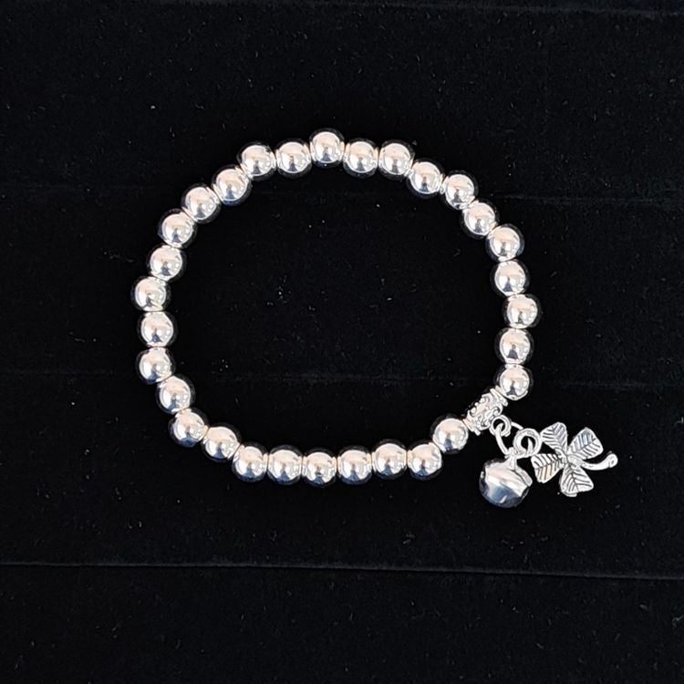 Beaded Lucky Cat Bracelet, Silver-Plated Bracelet with Round Beads, Elastic Cord Handmade Beaded Bracelet from Yunnan, Guizhou, and Sichuan, Auspicious Elephant Bell