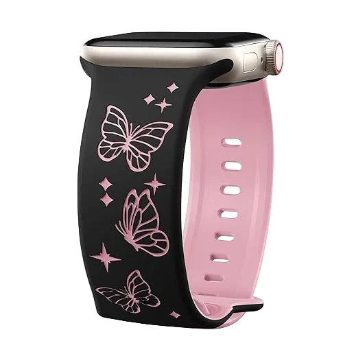 Silicone Two-Tone Butterfly Carved Watch Band with Figure-Eight Buckle, 3D Laser Engraving, Pink iWatch Smart