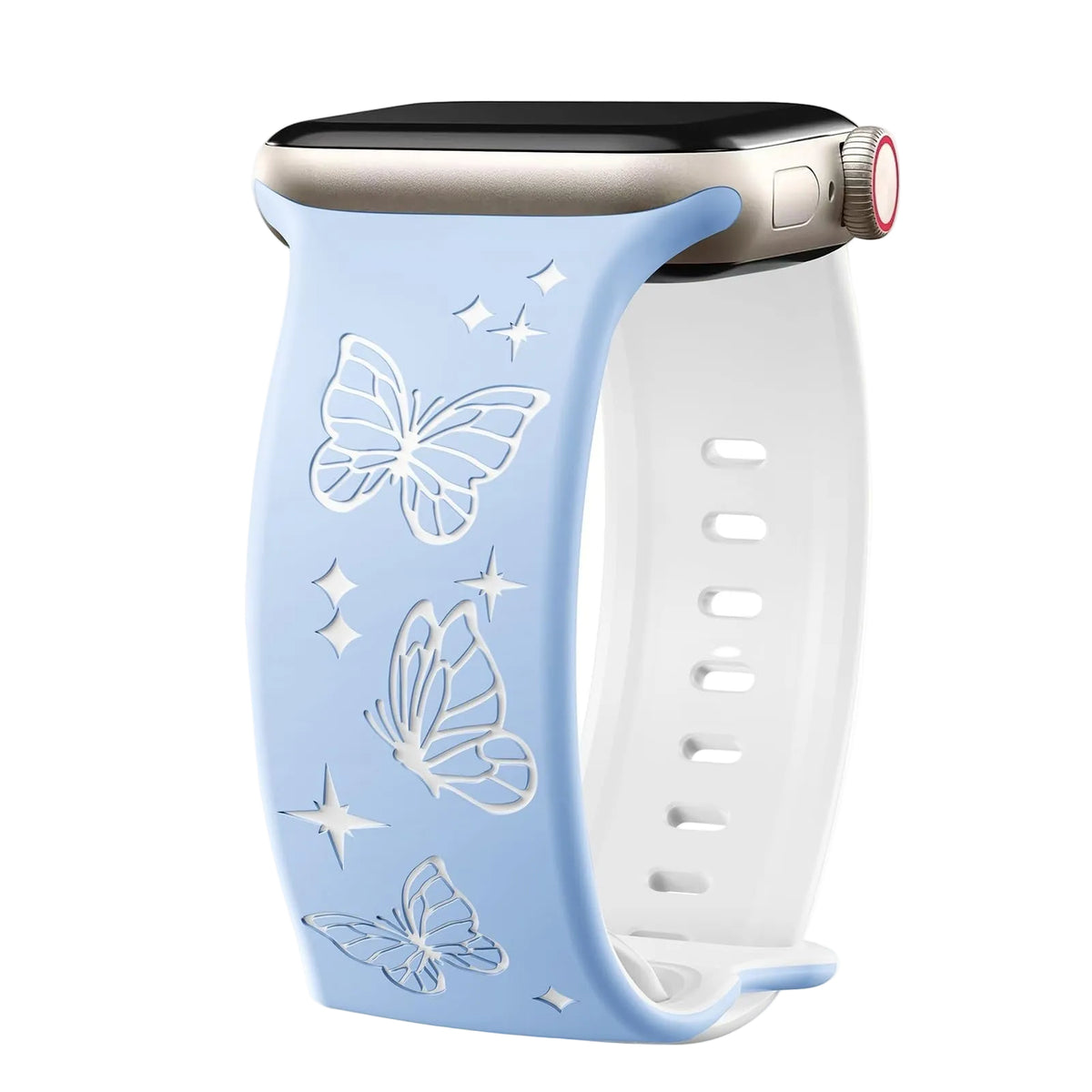 Silicone Two-Tone Butterfly Carved Watch Band with Figure-Eight Buckle, 3D Laser Engraving, Pink iWatch Smart