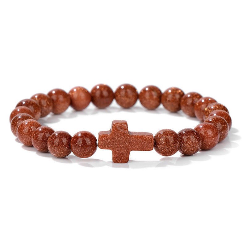 Temu Hot Selling Natural Stone Cross Bracelet Women's Glossy Indian Agate Beads Beaded Bracelet Elastic Bracelet