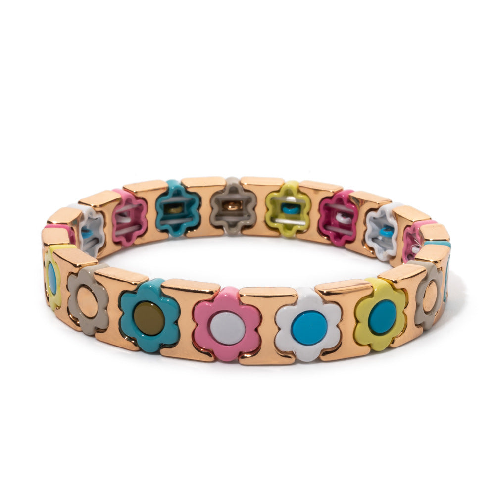 European and American enamel adjustable elastic bracelet for women, summer niche high-end enamel floral bracelet vintage