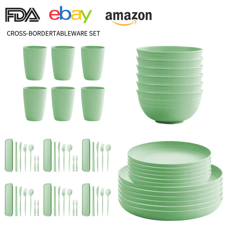 Cross-border Amazon Wheat Straw Tableware suit Black Plate Bowl Cup Knife and Fork Spoon Portable Tableware Bowl Plate suit