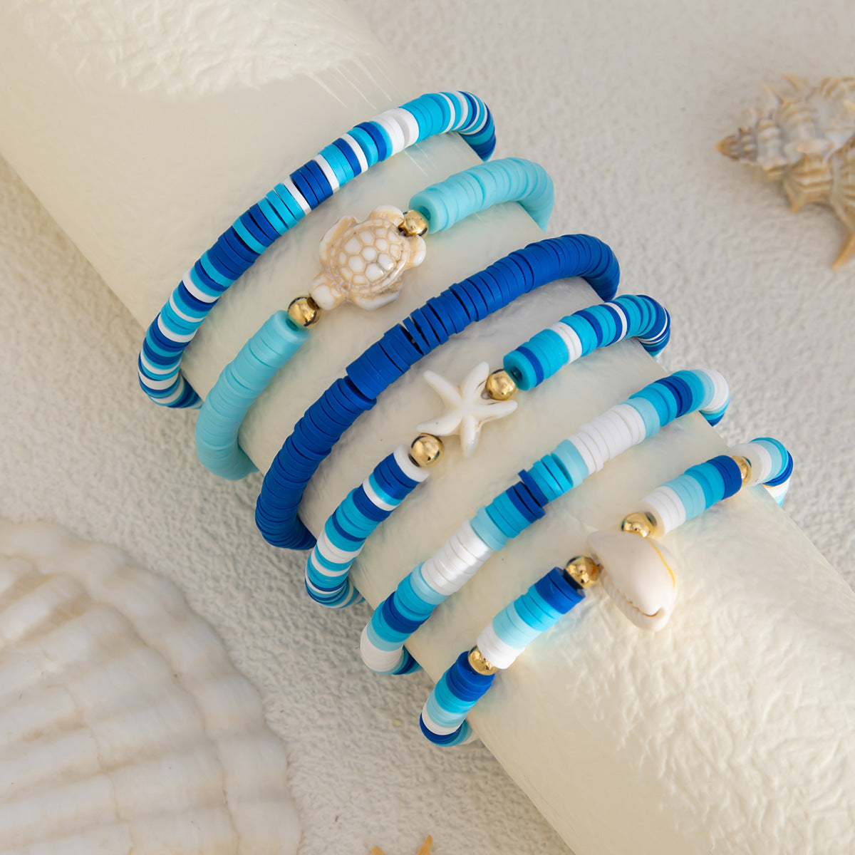 Fresh and Healing Blue and White Soft Clay Beaded Bracelet with Ocean Elements, Multi-Layered, Versatile Summer Commute Bracelet Set