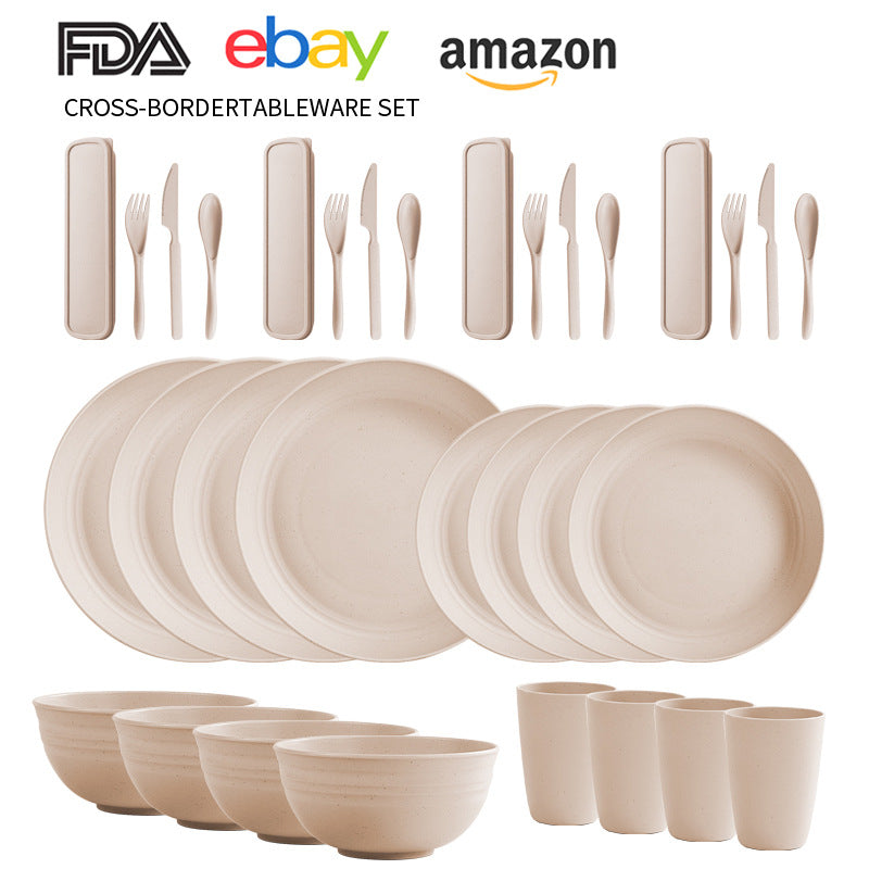 Cross-border Amazon Wheat Straw Tableware suit Black Plate Bowl Cup Knife and Fork Spoon Portable Tableware Bowl Plate suit