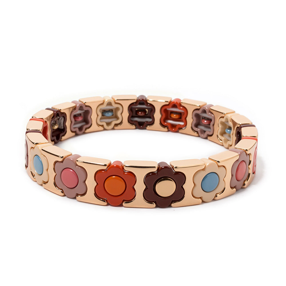European and American enamel adjustable elastic bracelet for women, summer niche high-end enamel floral bracelet vintage
