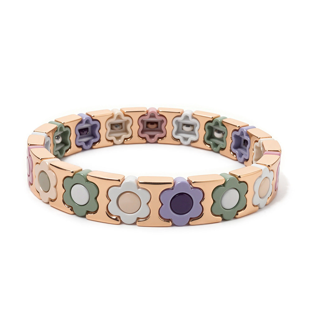 European and American enamel adjustable elastic bracelet for women, summer niche high-end enamel floral bracelet vintage
