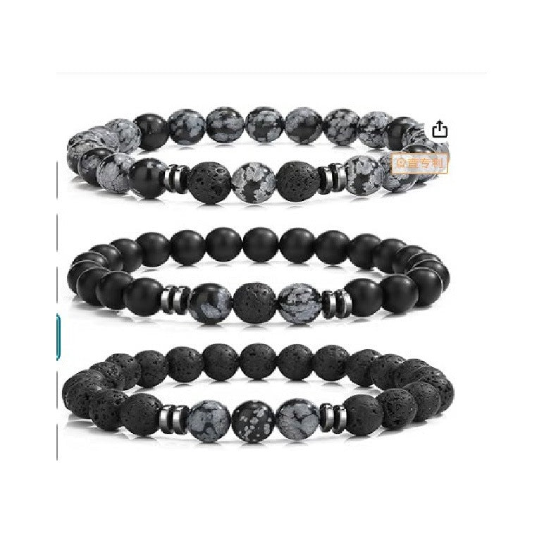 Popular Amazon European and American Men's Fashion Set, Stylish Tiger Eye Volcanic Stone Bracelet, White Pine Snowflake Bracelet, Versatile Accessories