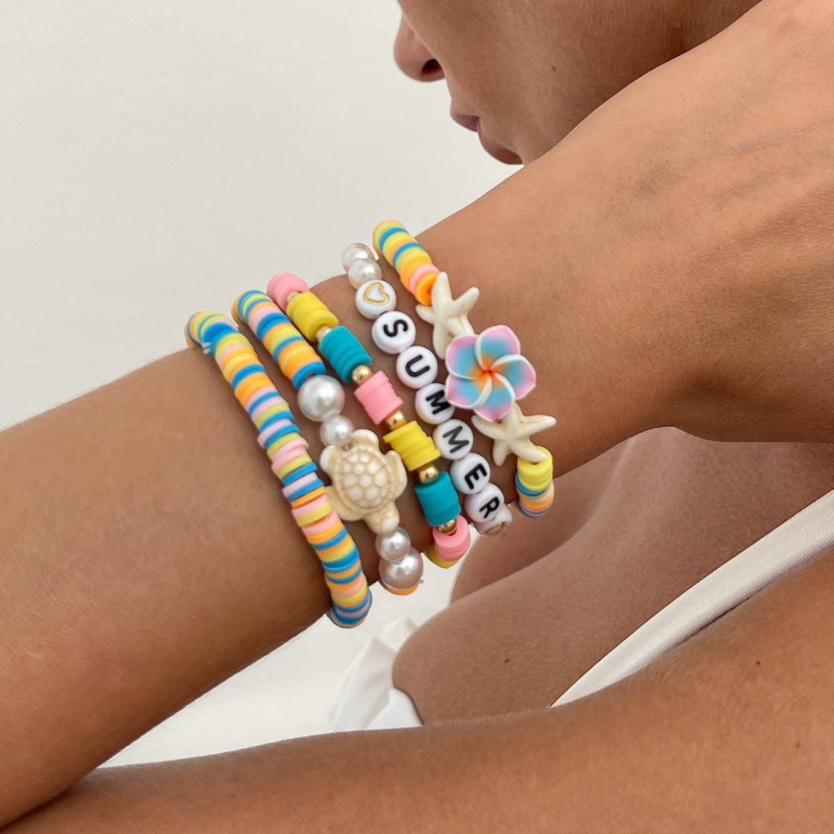 Fresh and Healing Blue and White Soft Clay Beaded Bracelet with Ocean Elements, Multi-Layered, Versatile Summer Commute Bracelet Set