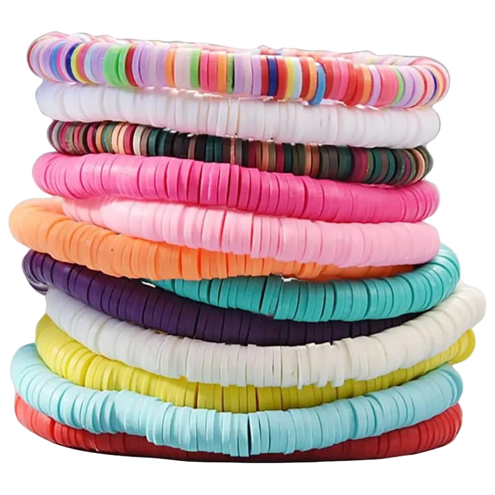 Bohemian Beach Ethnic Style Mixed Color Elastic Rope Sliced Soft Pottery  Stackable Bracelet