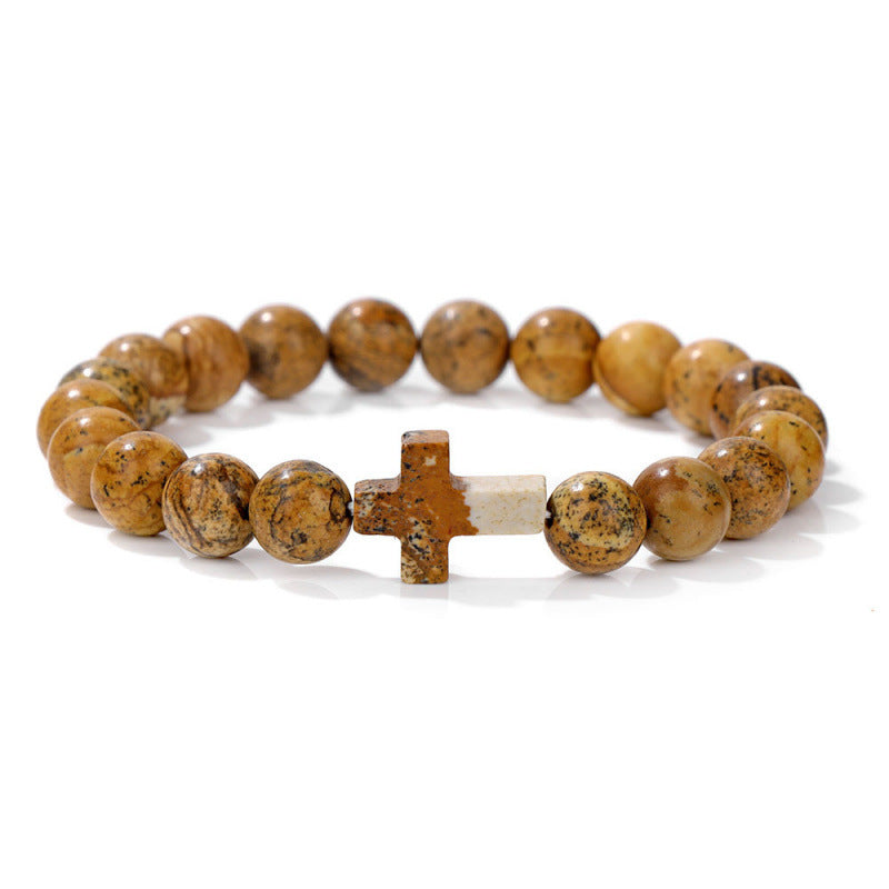 Temu Hot Selling Natural Stone Cross Bracelet Women's Glossy Indian Agate Beads Beaded Bracelet Elastic Bracelet