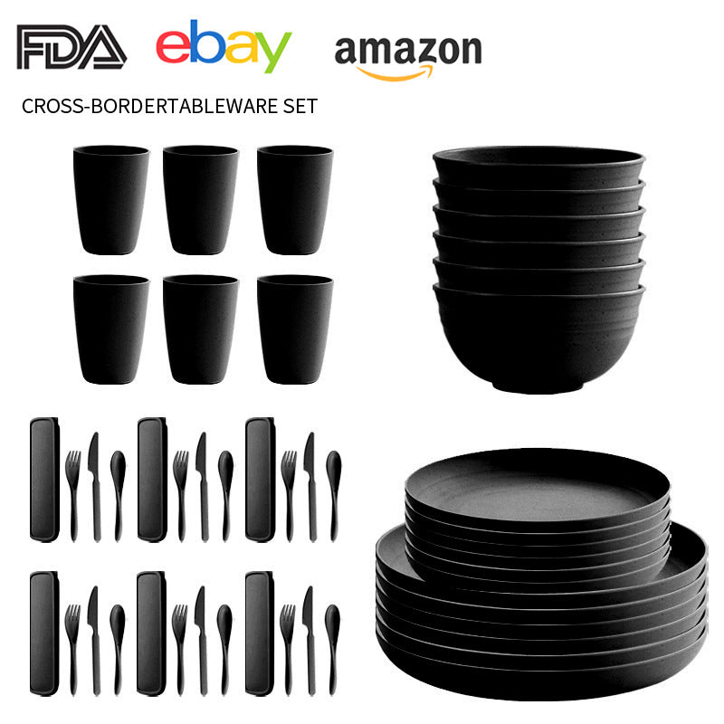 Cross-border Amazon Wheat Straw Tableware suit Black Plate Bowl Cup Knife and Fork Spoon Portable Tableware Bowl Plate suit
