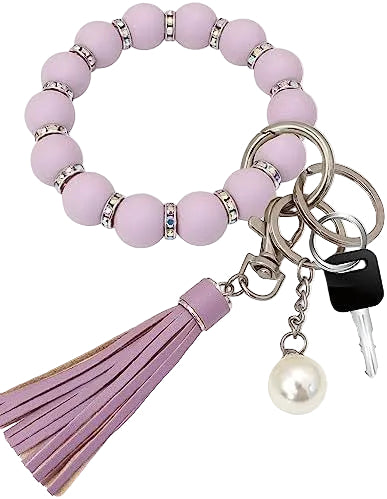 Silicone Key Ring Bracelet Wristlet Keychain with Silver Shiny Zircon and Leather Tassel