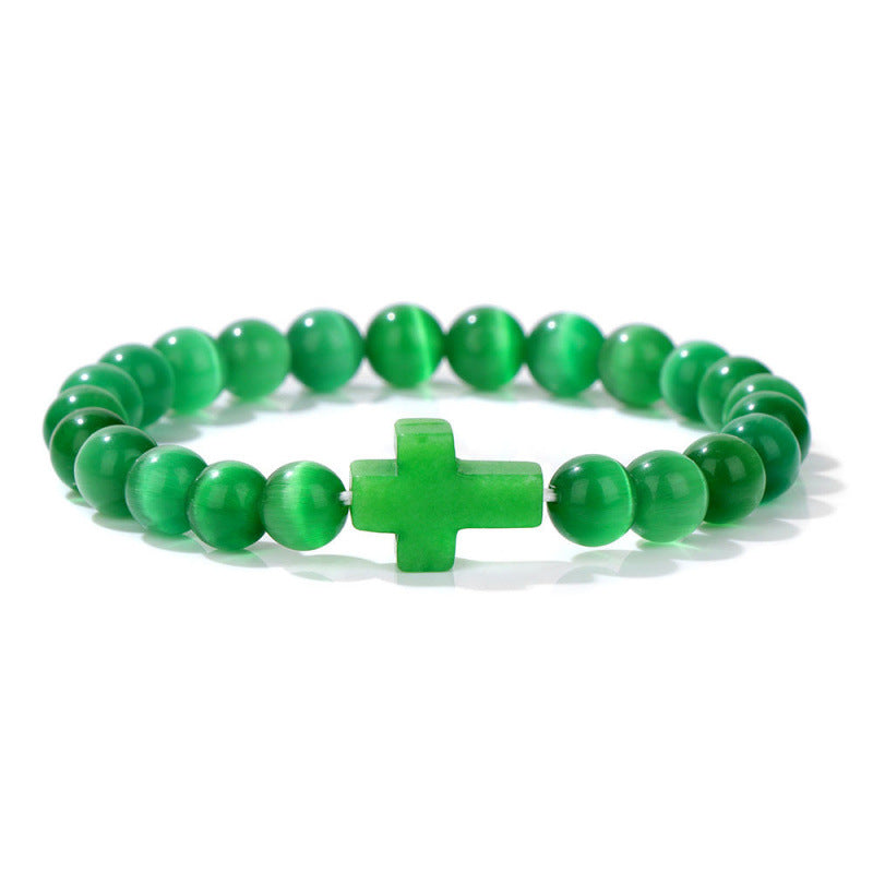 Temu Hot Selling Natural Stone Cross Bracelet Women's Glossy Indian Agate Beads Beaded Bracelet Elastic Bracelet