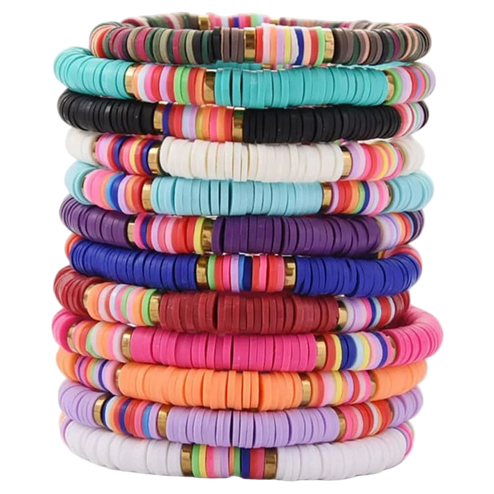 Bohemian Beach Ethnic Style Mixed Color Elastic Rope Sliced Soft Pottery  Stackable Bracelet