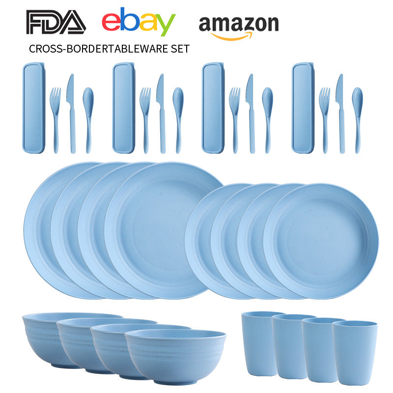 Cross-border Amazon Wheat Straw Tableware suit Black Plate Bowl Cup Knife and Fork Spoon Portable Tableware Bowl Plate suit