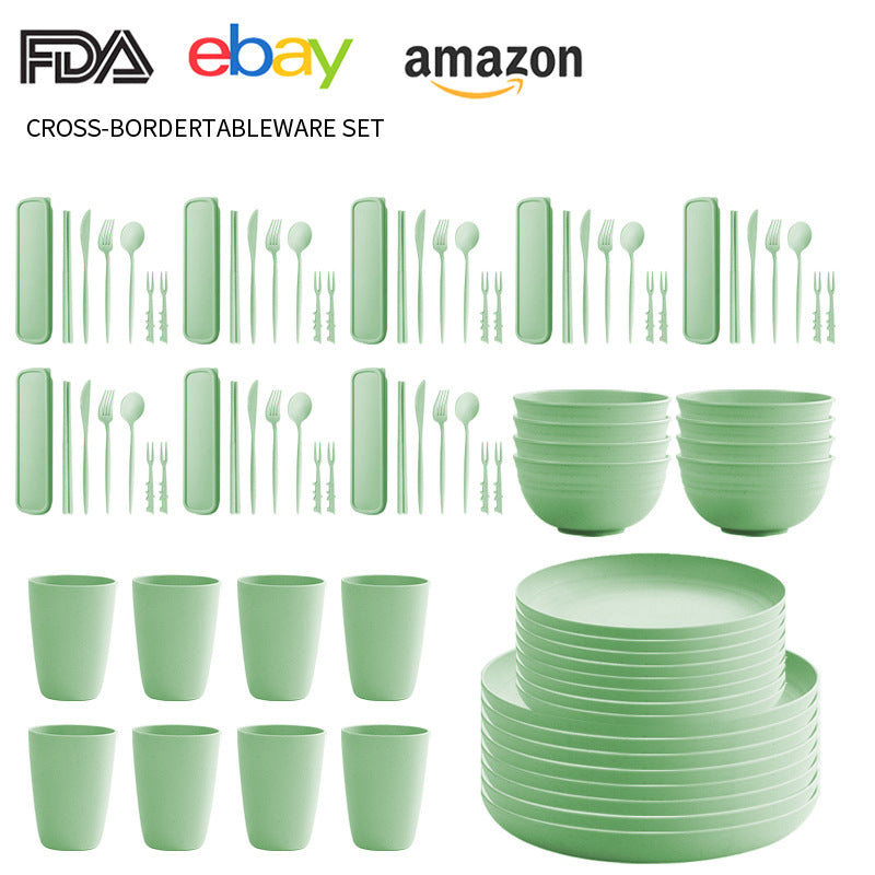 Cross-border Amazon Wheat Straw Tableware suit Black Plate Bowl Cup Knife and Fork Spoon Portable Tableware Bowl Plate suit