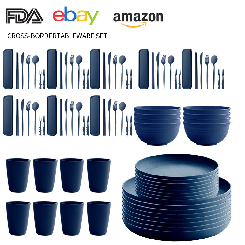 Cross-border Amazon Wheat Straw Tableware suit Black Plate Bowl Cup Knife and Fork Spoon Portable Tableware Bowl Plate suit
