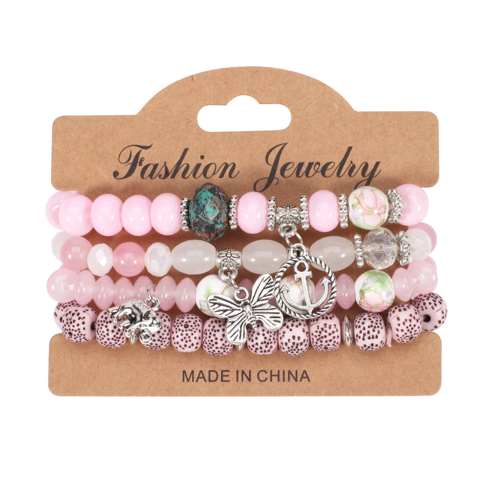 Bohemian Butterfly Ship Anchor Elephant Pendant Multi-layer Bracelet