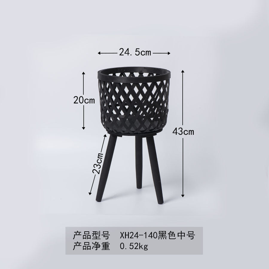 Nordic Style Rattan Flower Pot Indoor Balcony Living Room Plant Green Rose Hand-Woven Wooden High Foot Floor Flower Rack