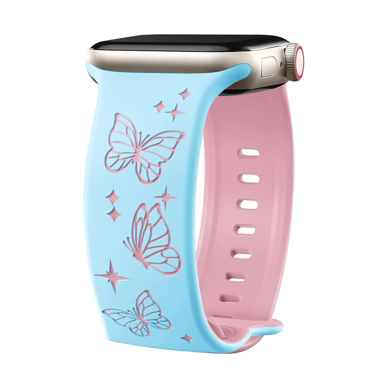 Silicone Two-Tone Butterfly Carved Watch Band with Figure-Eight Buckle, 3D Laser Engraving, Pink iWatch Smart