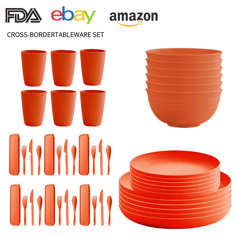 Cross-border Amazon Wheat Straw Tableware suit Black Plate Bowl Cup Knife and Fork Spoon Portable Tableware Bowl Plate suit