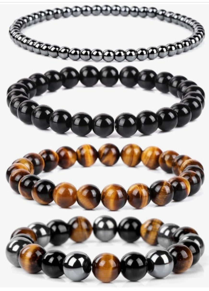 Popular Amazon European and American Men's Fashion Set, Stylish Tiger Eye Volcanic Stone Bracelet, White Pine Snowflake Bracelet, Versatile Accessories