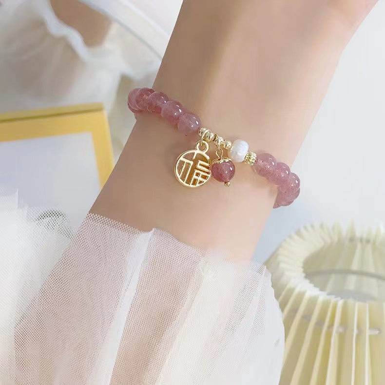 Pink Beauty Strawberry Crystal Pendant Bracelet Women's Bracelet Peach Blossom Zircon Strawberry Crystal Bracelet Ins Style Cute Jewelry Women