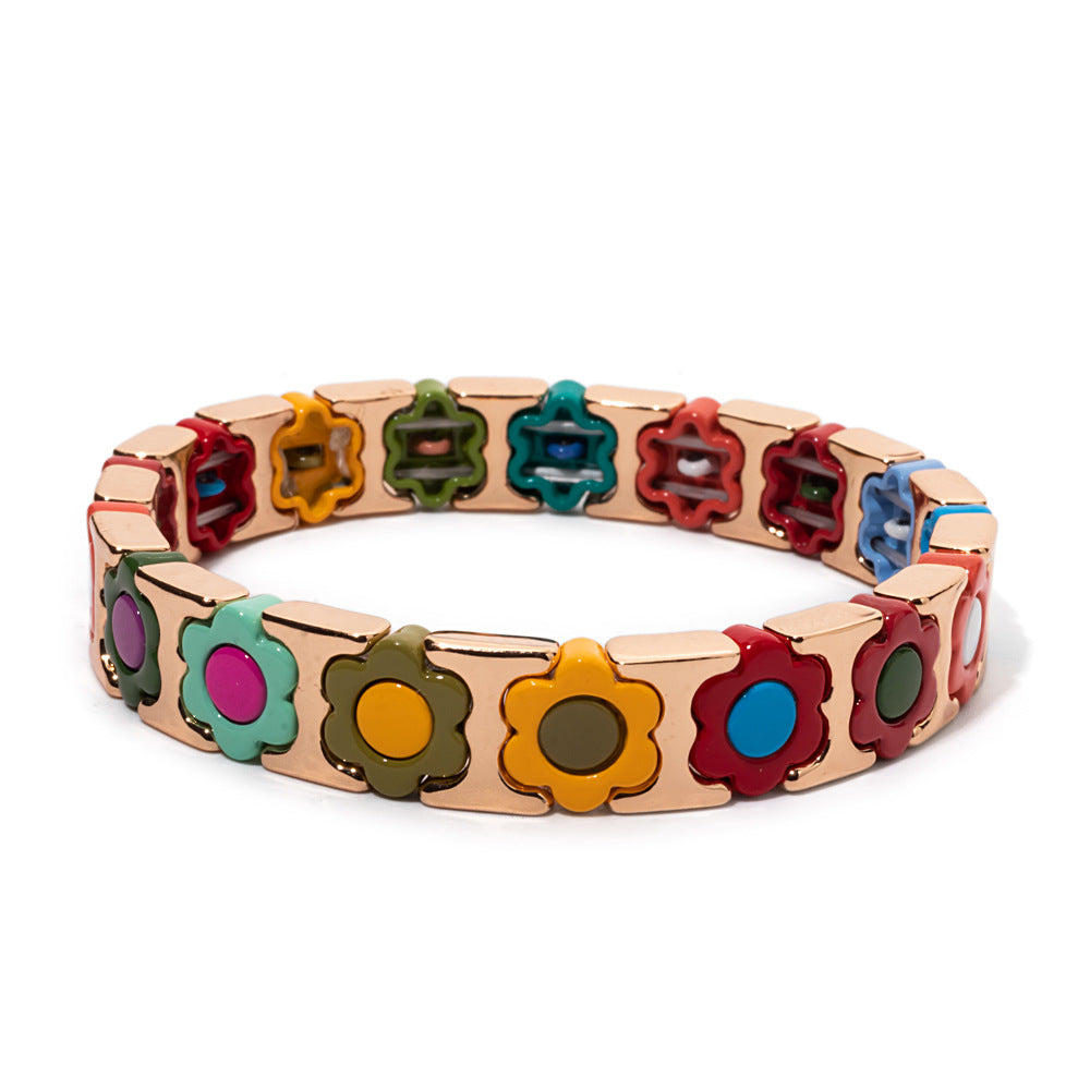 European and American enamel adjustable elastic bracelet for women, summer niche high-end enamel floral bracelet vintage
