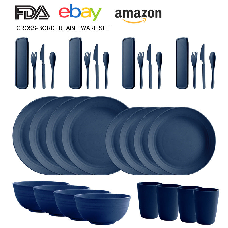 Cross-border Amazon Wheat Straw Tableware suit Black Plate Bowl Cup Knife and Fork Spoon Portable Tableware Bowl Plate suit