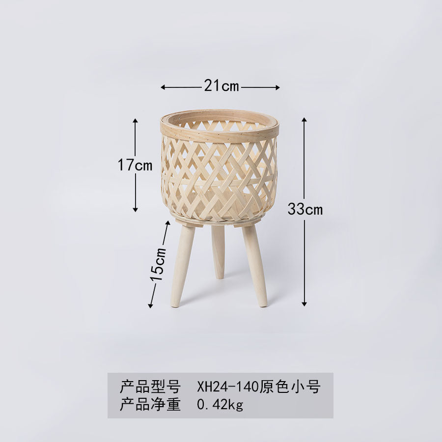 Nordic Style Rattan Flower Pot Indoor Balcony Living Room Plant Green Rose Hand-Woven Wooden High Foot Floor Flower Rack