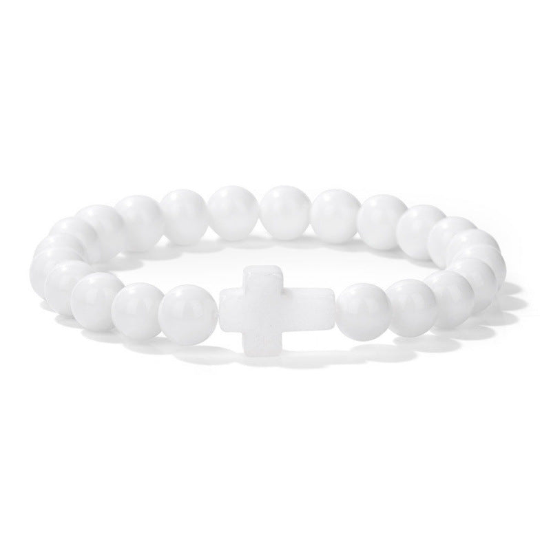 Temu Hot Selling Natural Stone Cross Bracelet Women's Glossy Indian Agate Beads Beaded Bracelet Elastic Bracelet