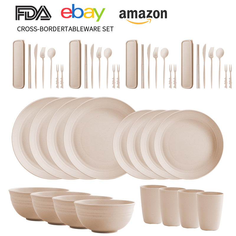 Cross-border Amazon Wheat Straw Tableware suit Black Plate Bowl Cup Knife and Fork Spoon Portable Tableware Bowl Plate suit